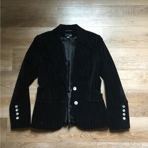 Black velvet suit jacket with whit pinstripe, mother of pearl pattern buttons